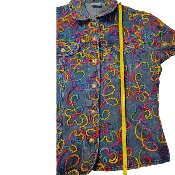 Chico's Colorful Long Sleeve Blue Denim Jacket Embroidery Artwork Size M/8 - Picture 11 of 14